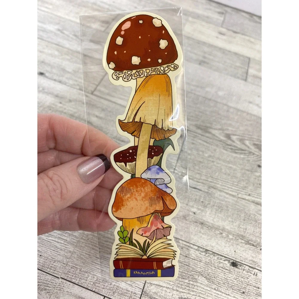 Bookmark of Stacked Mushrooms Open Book - Whimsical Goblincore Fantasy Bookworm